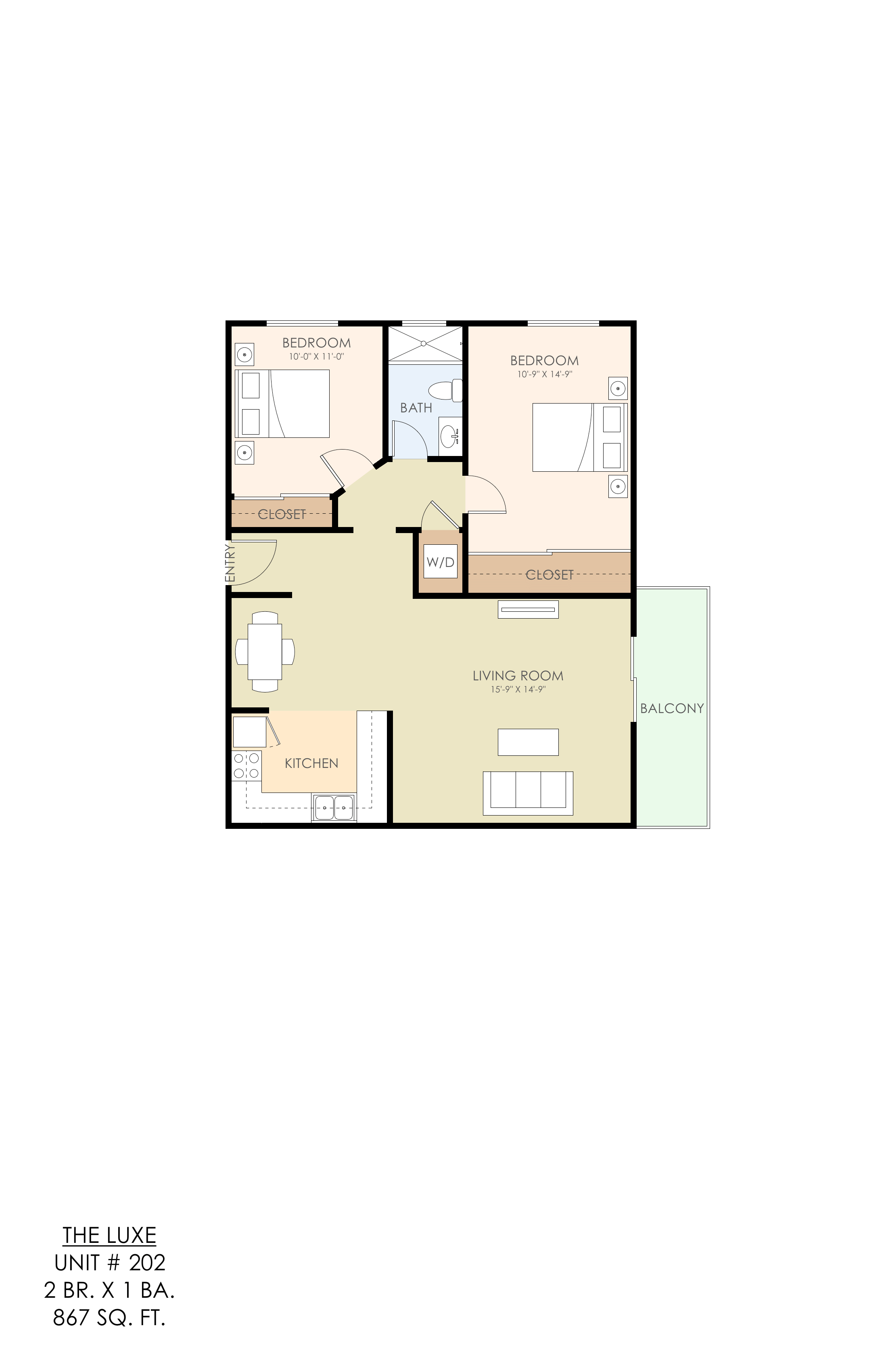 Floor plan for 2 beds, 1 bath, 867 sqft